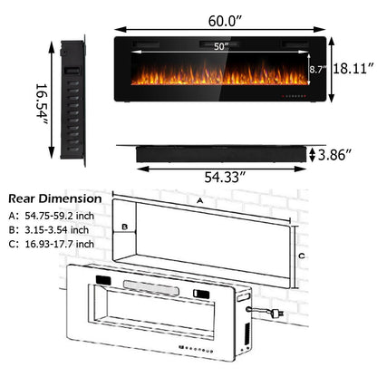 60 Inch Ultra Thin Electric Fireplace with 2 Heat Settings, Black Fireplaces at Gallery Canada