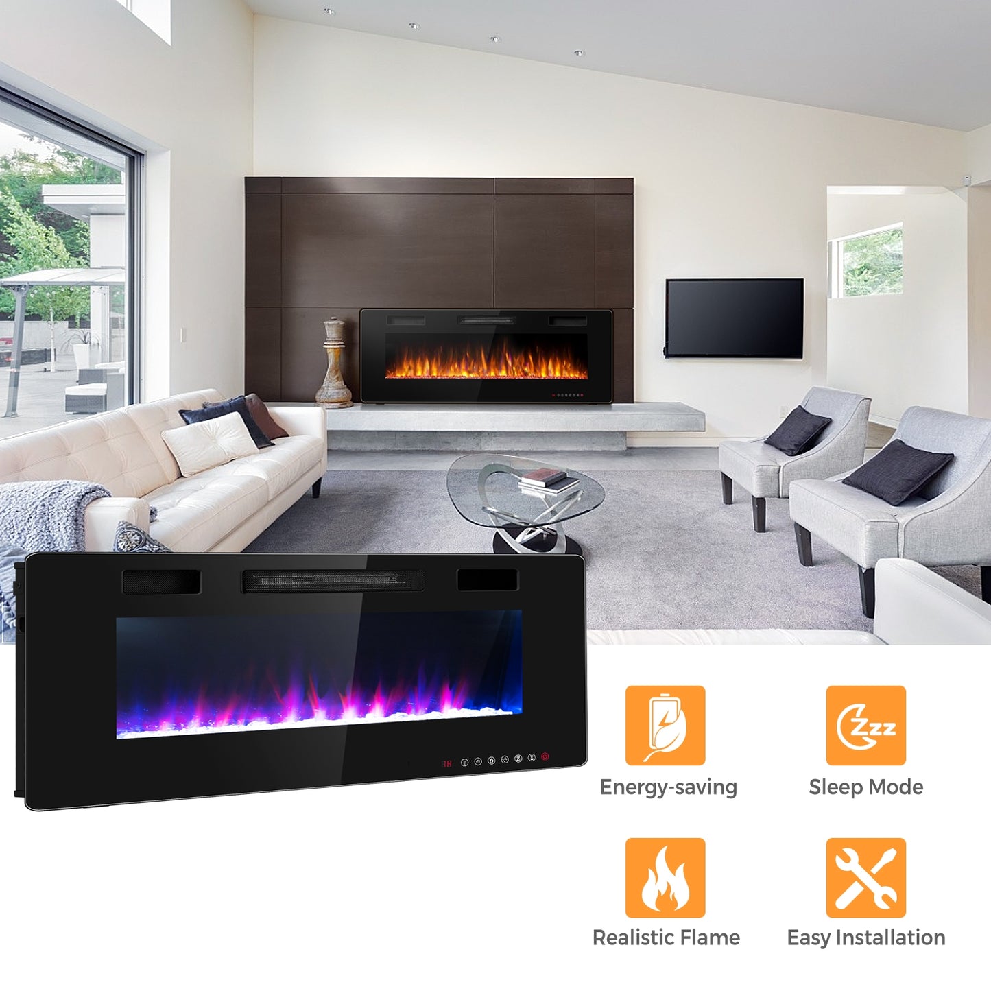 60 Inch Ultra Thin Electric Fireplace with 2 Heat Settings, Black Fireplaces at Gallery Canada