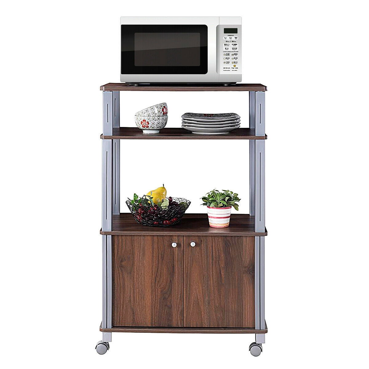 Microwave Rack Stand Rolling Storage Cart, Walnut Baker's Racks at Gallery Canada