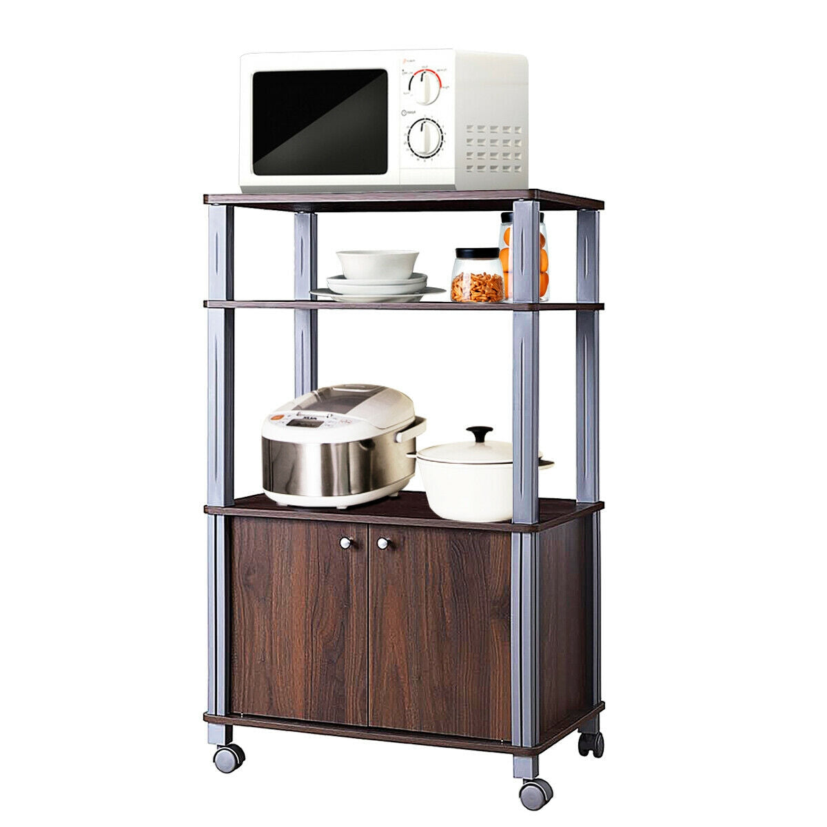 Microwave Rack Stand Rolling Storage Cart, Walnut Baker's Racks at Gallery Canada