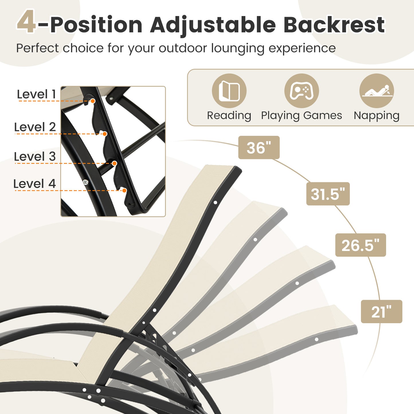 2-in-1 Outdoor Rocking Chair with 4-Position Adjustable Backrest for Patio Porch Poolside, Beige Patio Rocking Chairs & Gliders at Gallery Canada