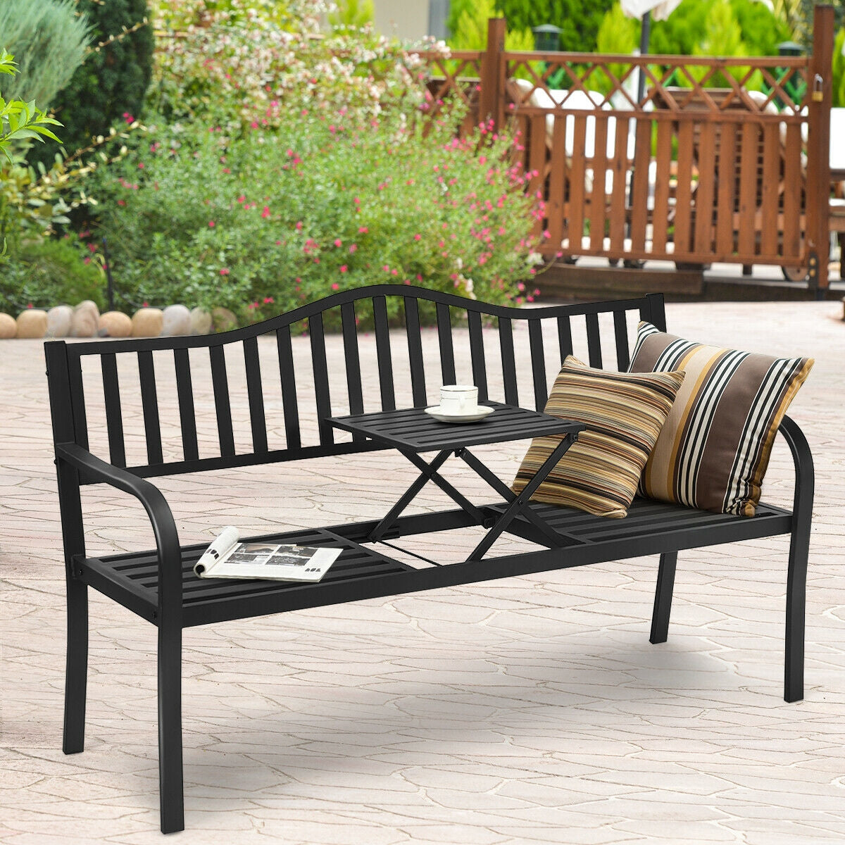 Patio Garden Bench Steel Frame with Adjustable Center Table, Black Outdoor Benches at Gallery Canada