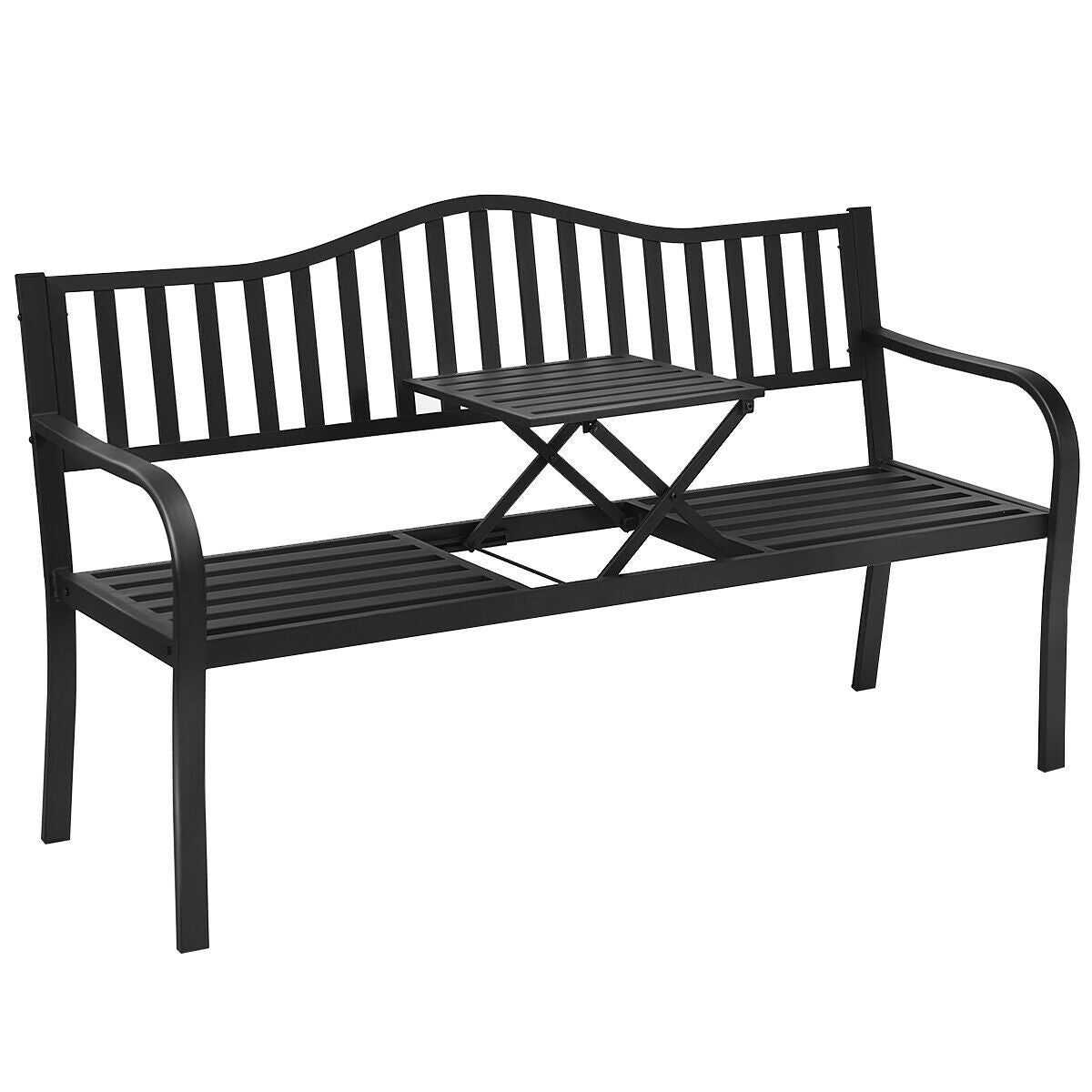 Patio Garden Bench Steel Frame with Adjustable Center Table, Black Outdoor Benches Black at Gallery Canada