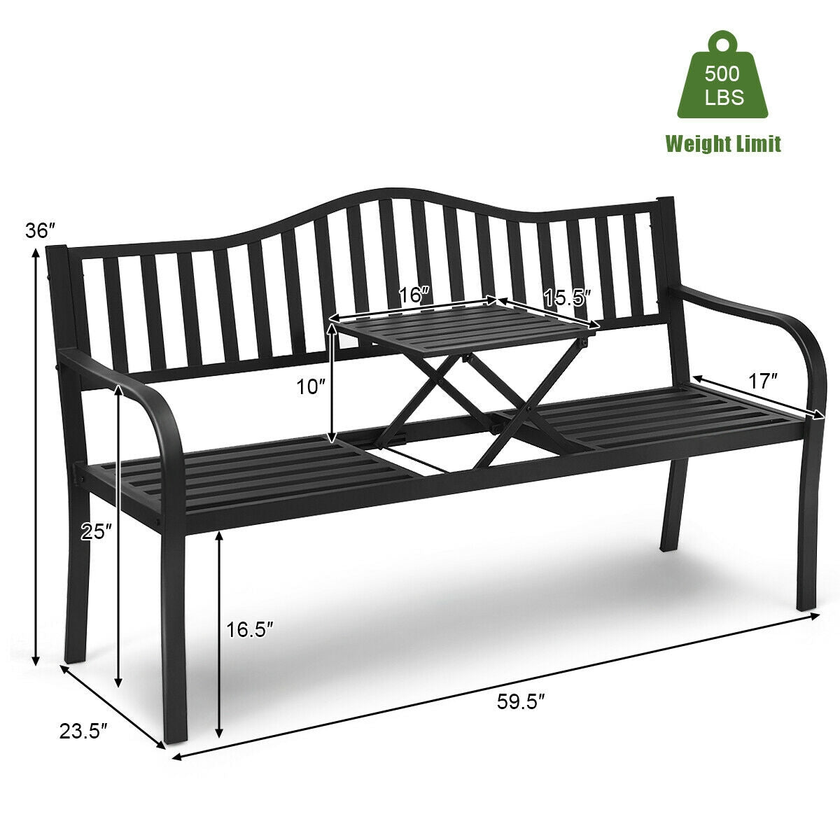 Patio Garden Bench Steel Frame with Adjustable Center Table, Black Outdoor Benches at Gallery Canada