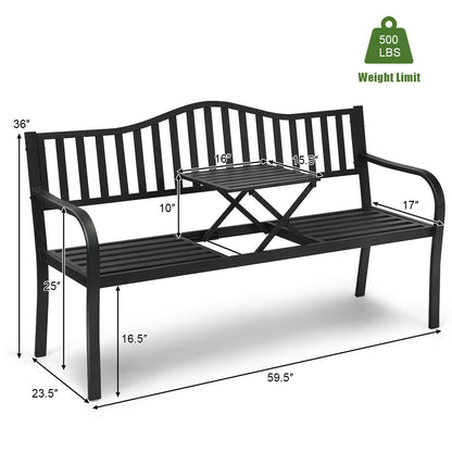 Patio Garden Bench Steel Frame with Adjustable Center Table, Black Outdoor Benches at Gallery Canada