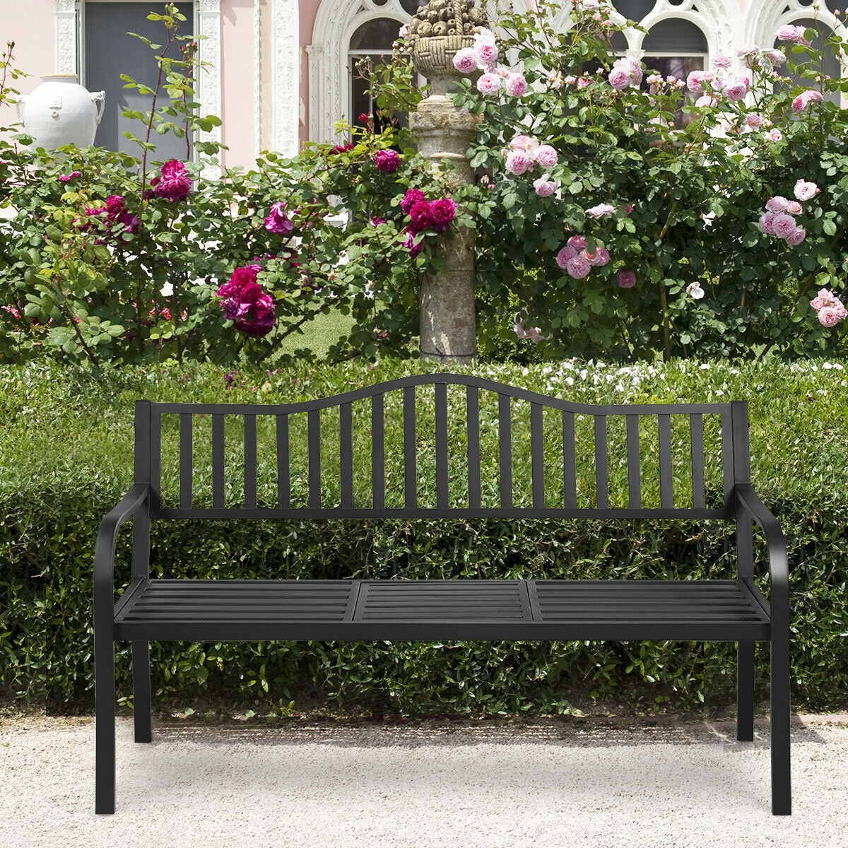 Patio Garden Bench Steel Frame with Adjustable Center Table, Black Outdoor Benches at Gallery Canada