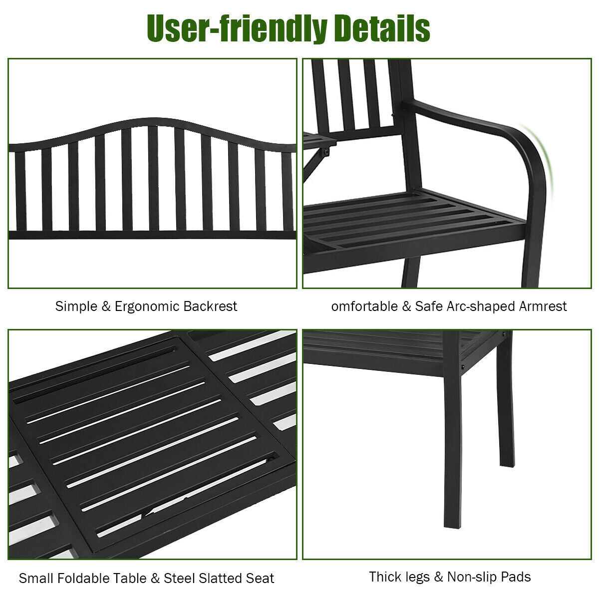 Patio Garden Bench Steel Frame with Adjustable Center Table, Black Outdoor Benches at Gallery Canada
