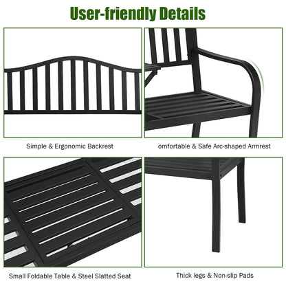 Patio Garden Bench Steel Frame with Adjustable Center Table, Black Outdoor Benches at Gallery Canada