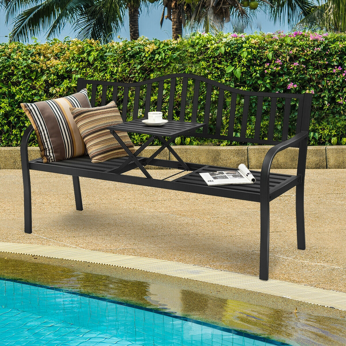 Patio Garden Bench Steel Frame with Adjustable Center Table, Black Outdoor Benches at Gallery Canada