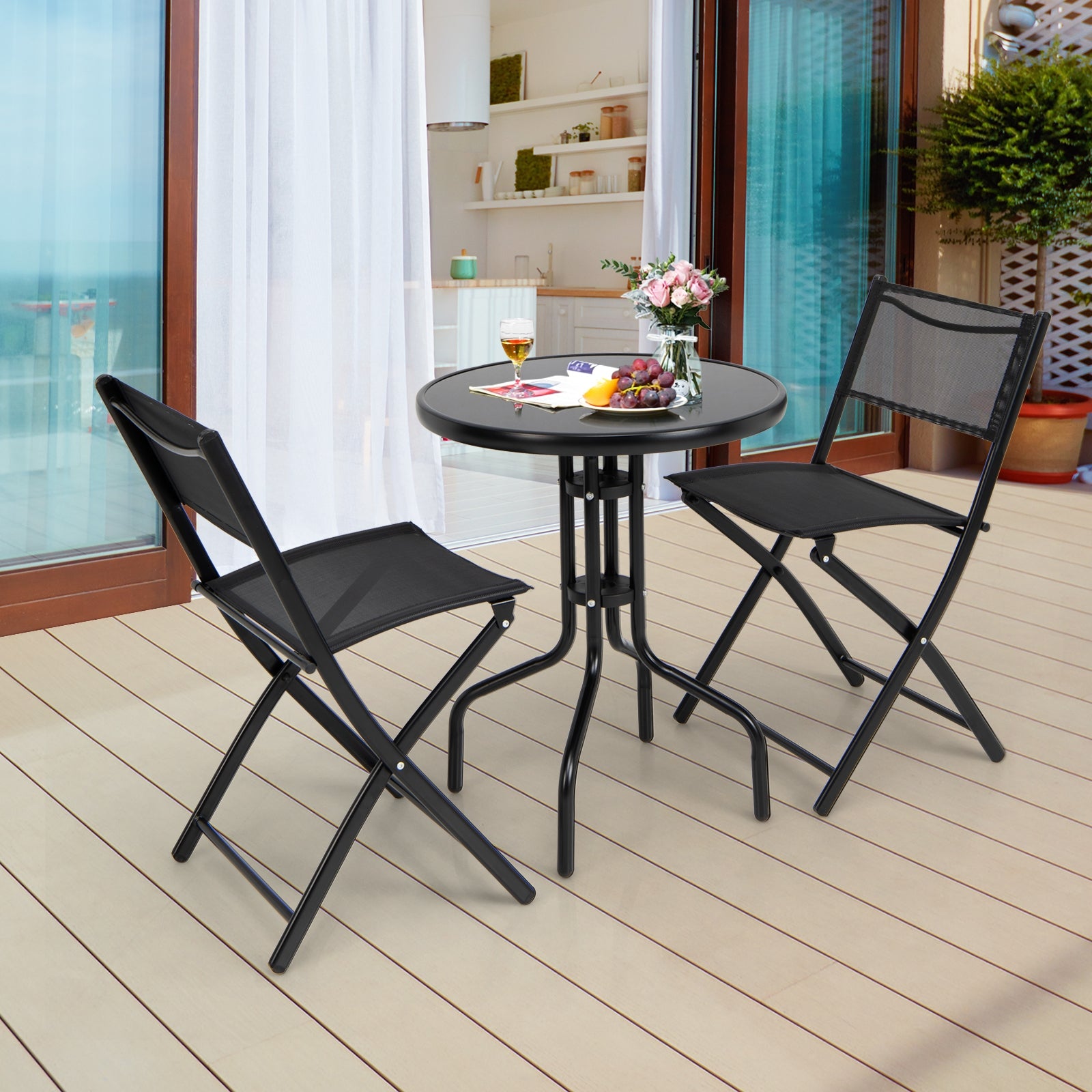 3 Pieces Folding Bistro Table Chairs Set for Indoor and Outdoor, Black Patio Conversation Sets at Gallery Canada