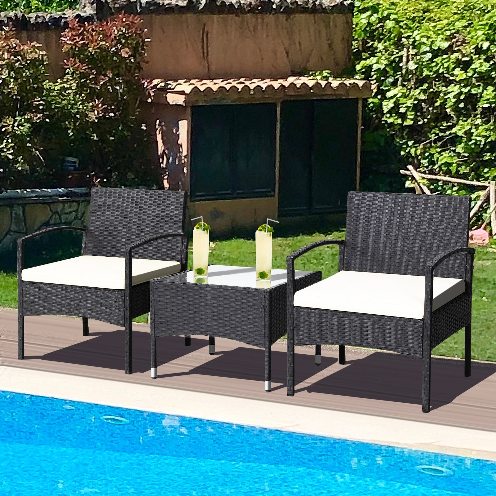 3 Pieces Patio Wicker Rattan Furniture Set with Cushion for Lawn Backyard, White Patio Conversation Sets at Gallery Canada