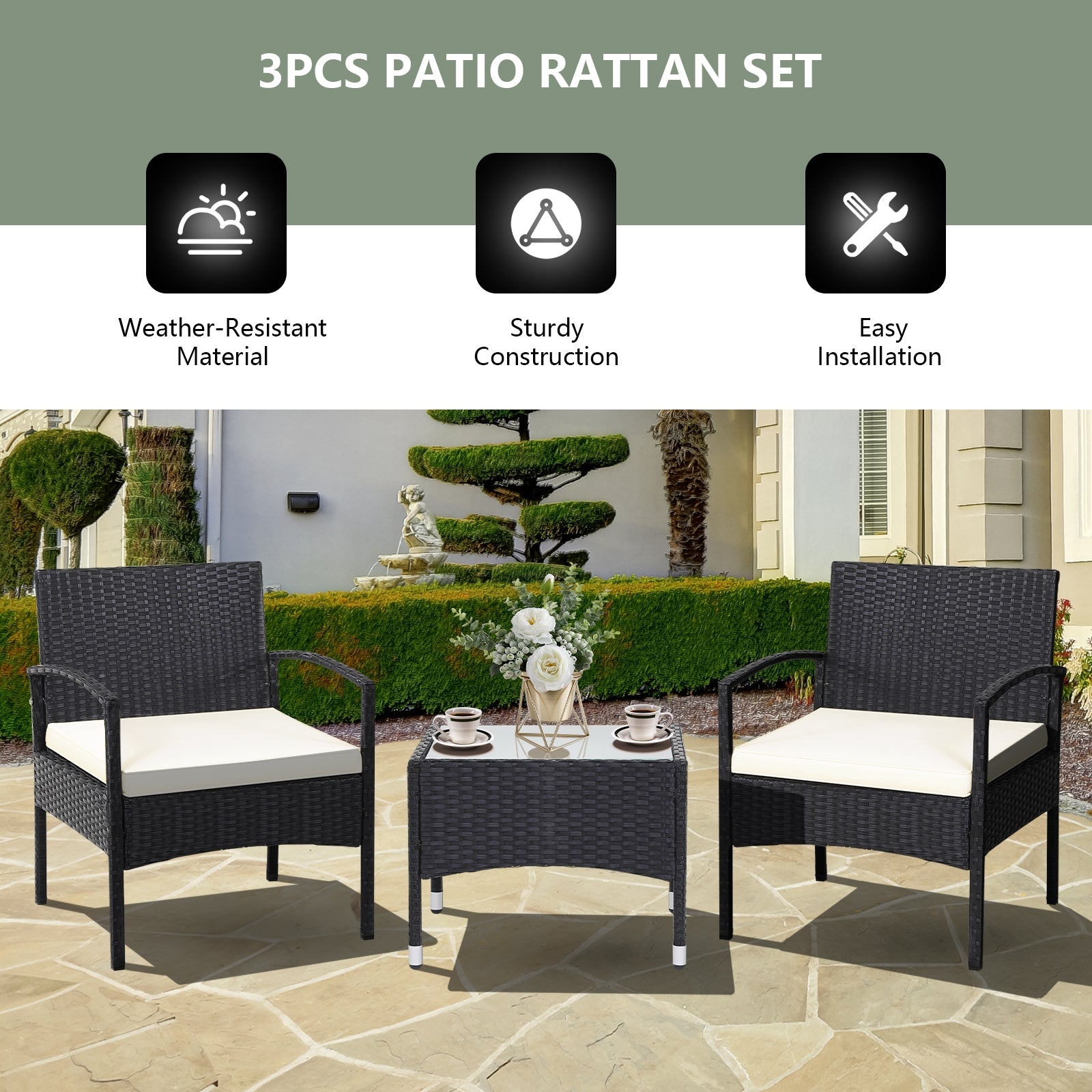 3 Pieces Patio Wicker Rattan Furniture Set with Cushion for Lawn Backyard, White Patio Conversation Sets at Gallery Canada