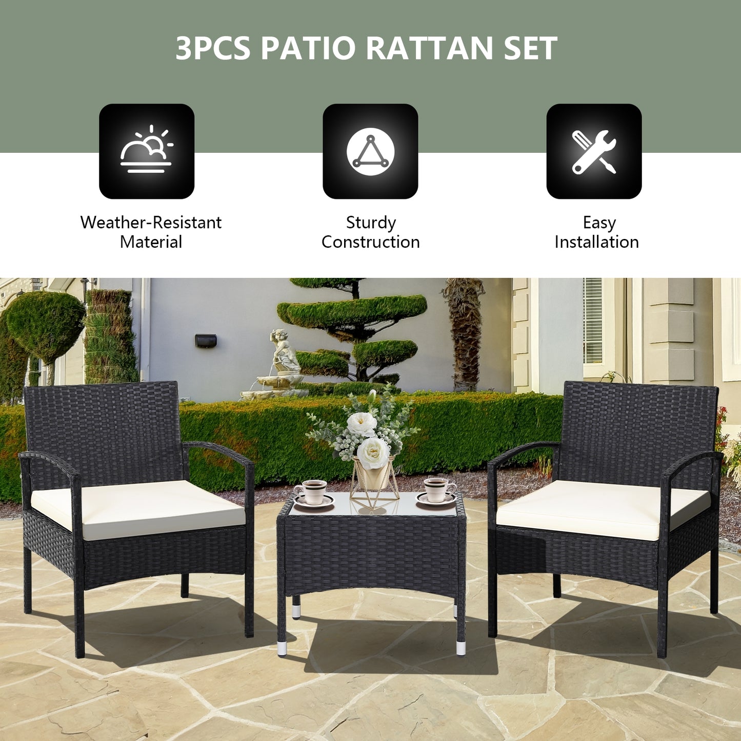 3 Pieces Patio Wicker Rattan Furniture Set with Cushion for Lawn Backyard, White Patio Conversation Sets at Gallery Canada