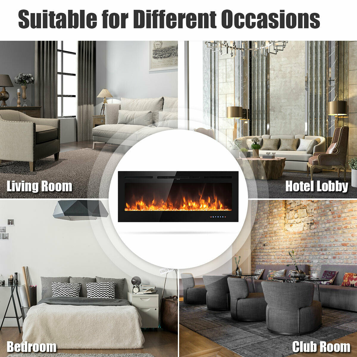 50 Inch Recessed Electric Wall Mounted Fireplace, Adjustable Brightness, Black Fireplaces at Gallery Canada