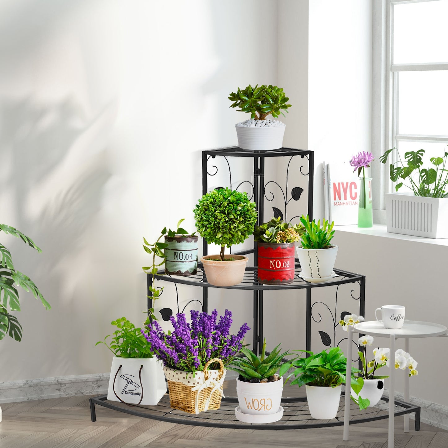 3 Tier Floral Corner Metal Plant Pot Rack, Black Plant Stands at Gallery Canada