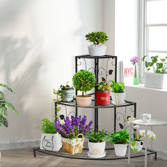 3 Tier Floral Corner Metal Plant Pot Rack, Black Plant Stands Black at Gallery Canada