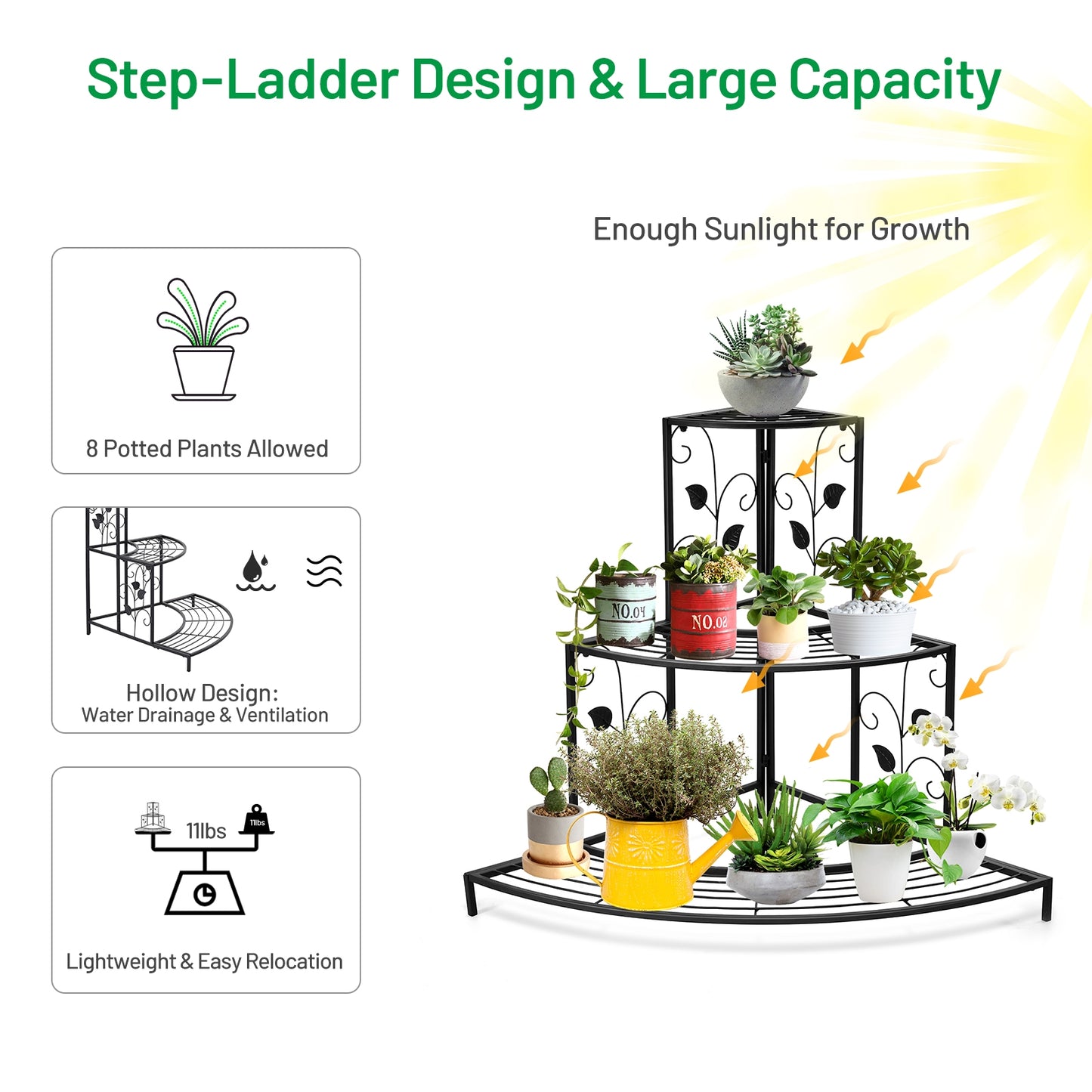 3 Tier Floral Corner Metal Plant Pot Rack, Black Plant Stands at Gallery Canada
