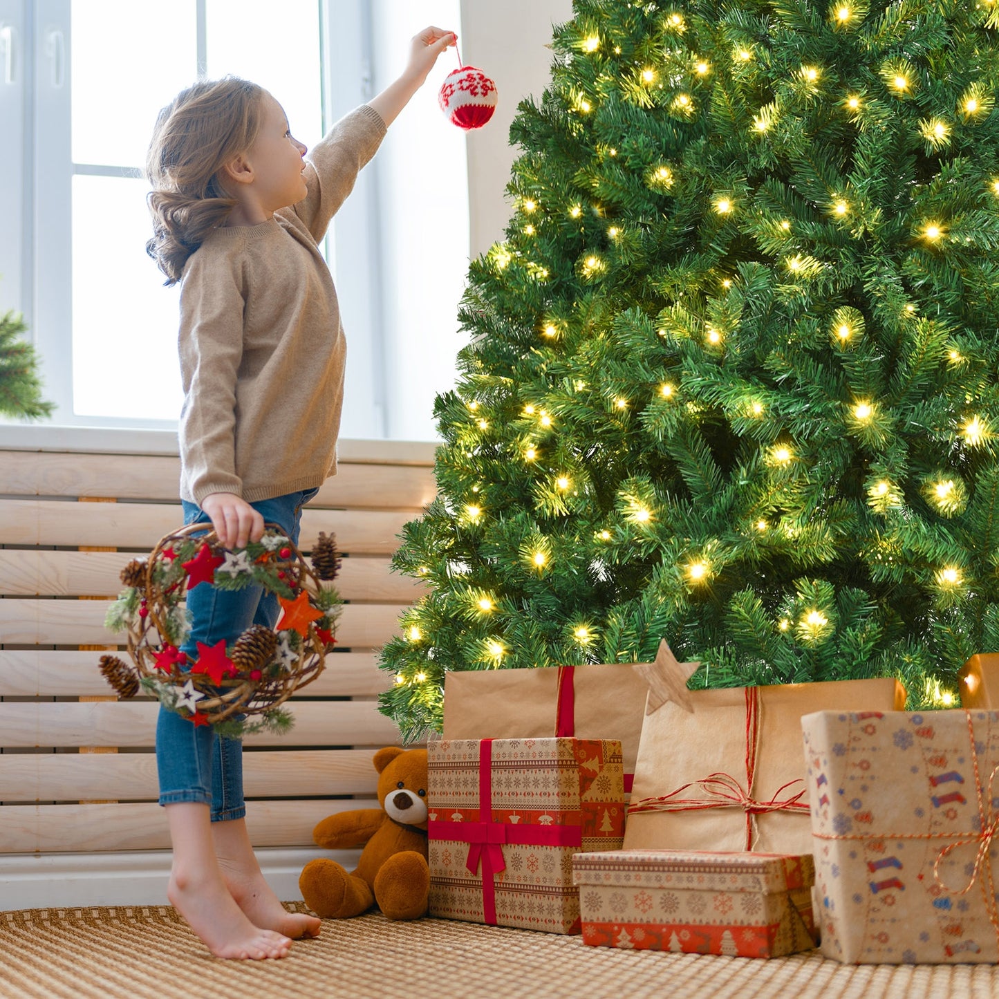 7.5 Feet PVC Artificial Christmas Tree with LED Lights-7.5 ft, Green Christmas Tree at Gallery Canada