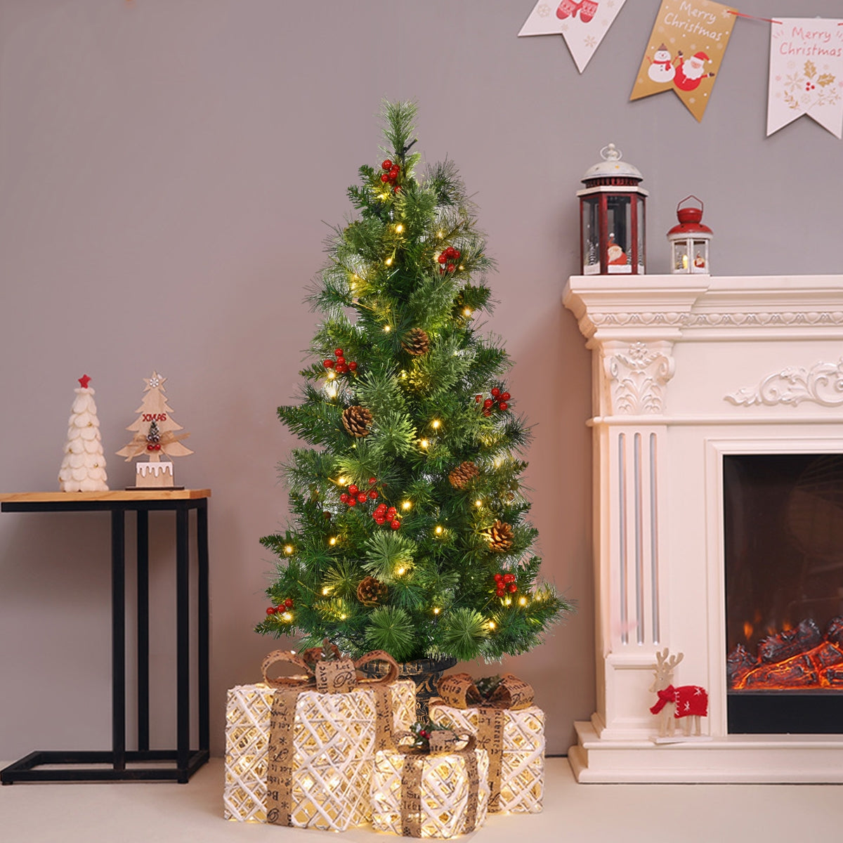 3', 4', 5' LED Christmas Entrance Tree, Red Berries Pine Cones, Green Christmas Tree at Gallery Canada