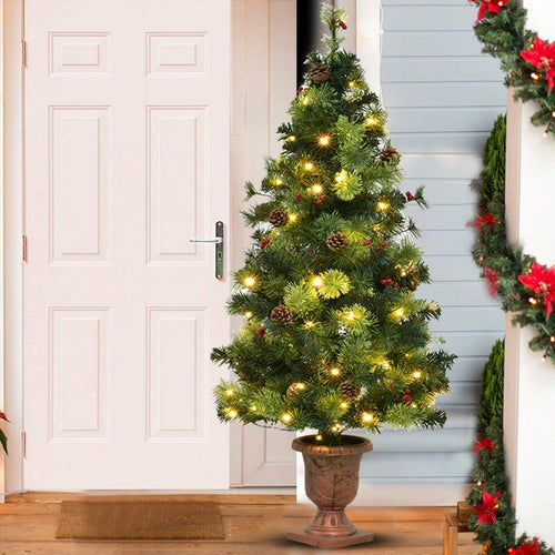 3'/4'/5' LED Christmas Entrance Tree w/ Red Berries Pine Cones-4', Green