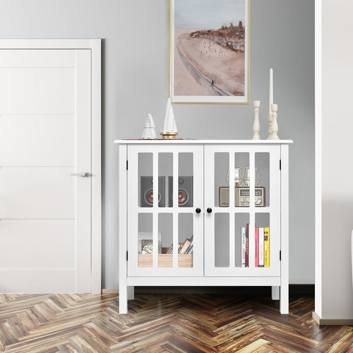 Glass Door Sideboard Console Storage Buffet Cabinet, White