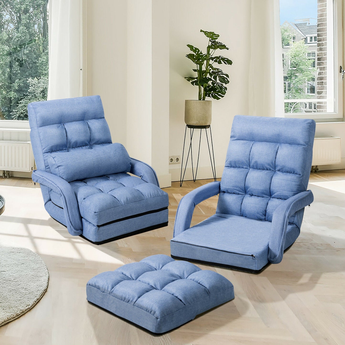 Folding Lazy Floor Chair Sofa with Armrests and Pillow, Blue Floor Chairs at Gallery Canada