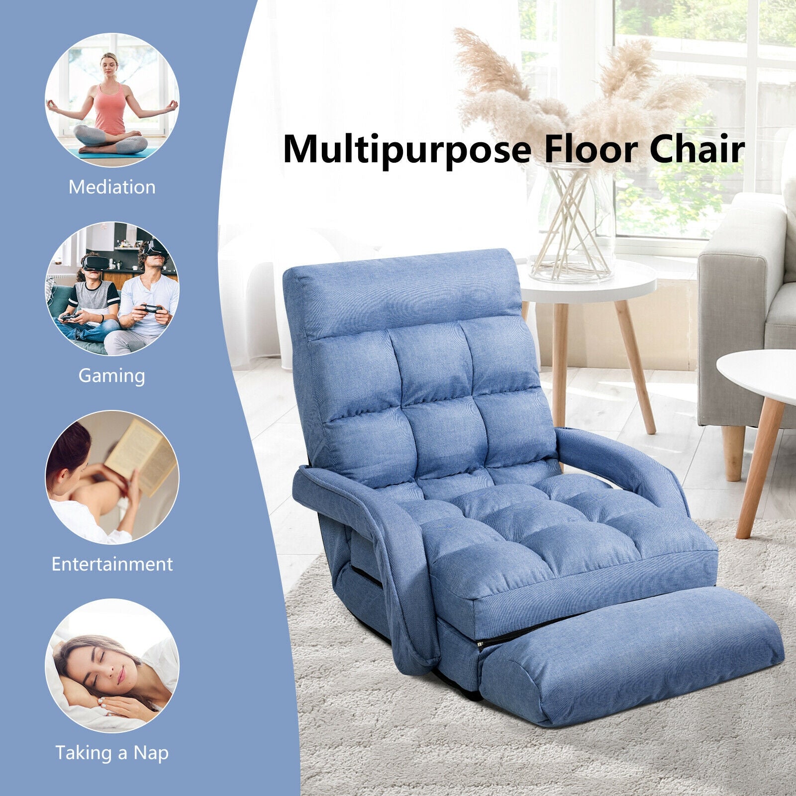 Folding Lazy Floor Chair Sofa with Armrests and Pillow, Blue Floor Chairs at Gallery Canada