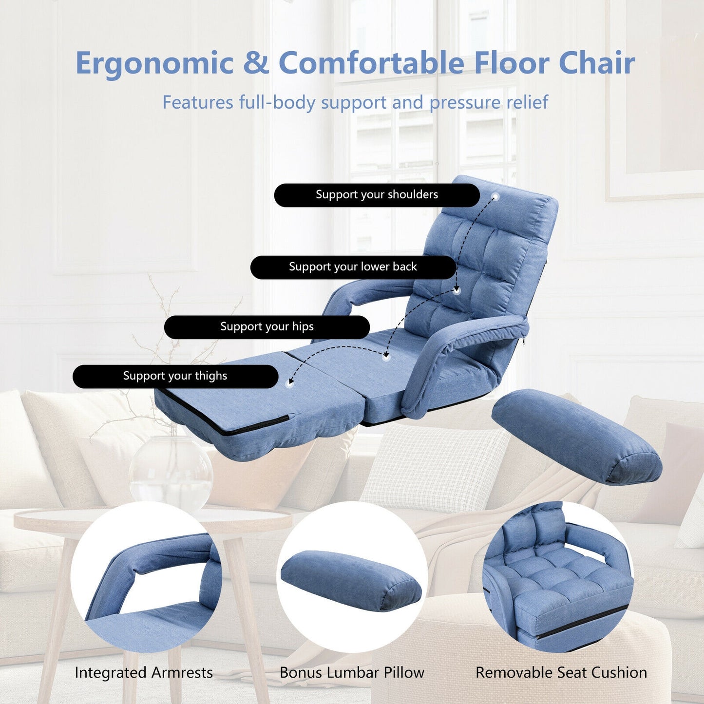 Folding Lazy Floor Chair Sofa with Armrests and Pillow, Blue Floor Chairs at Gallery Canada