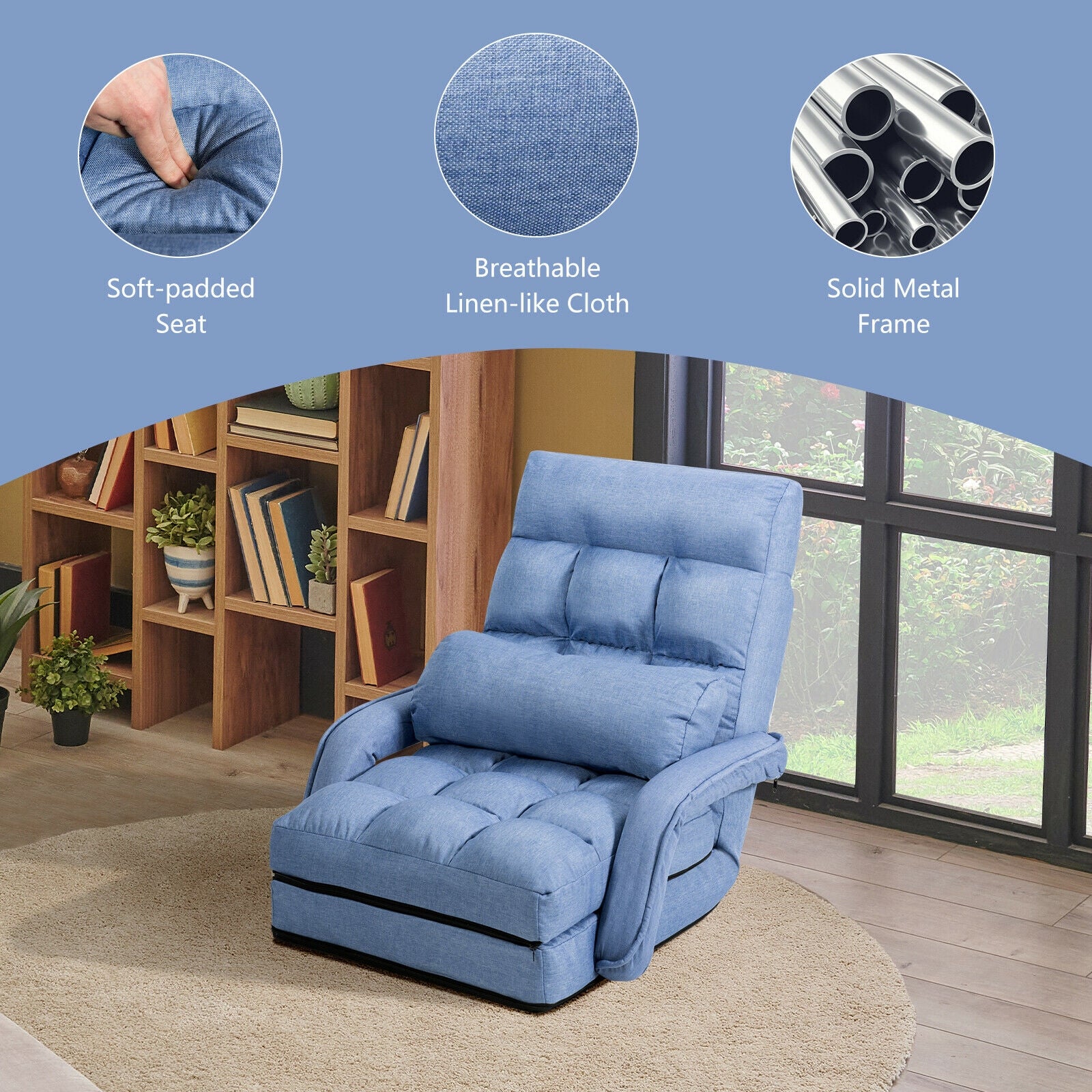 Folding Lazy Floor Chair Sofa with Armrests and Pillow, Blue Floor Chairs at Gallery Canada