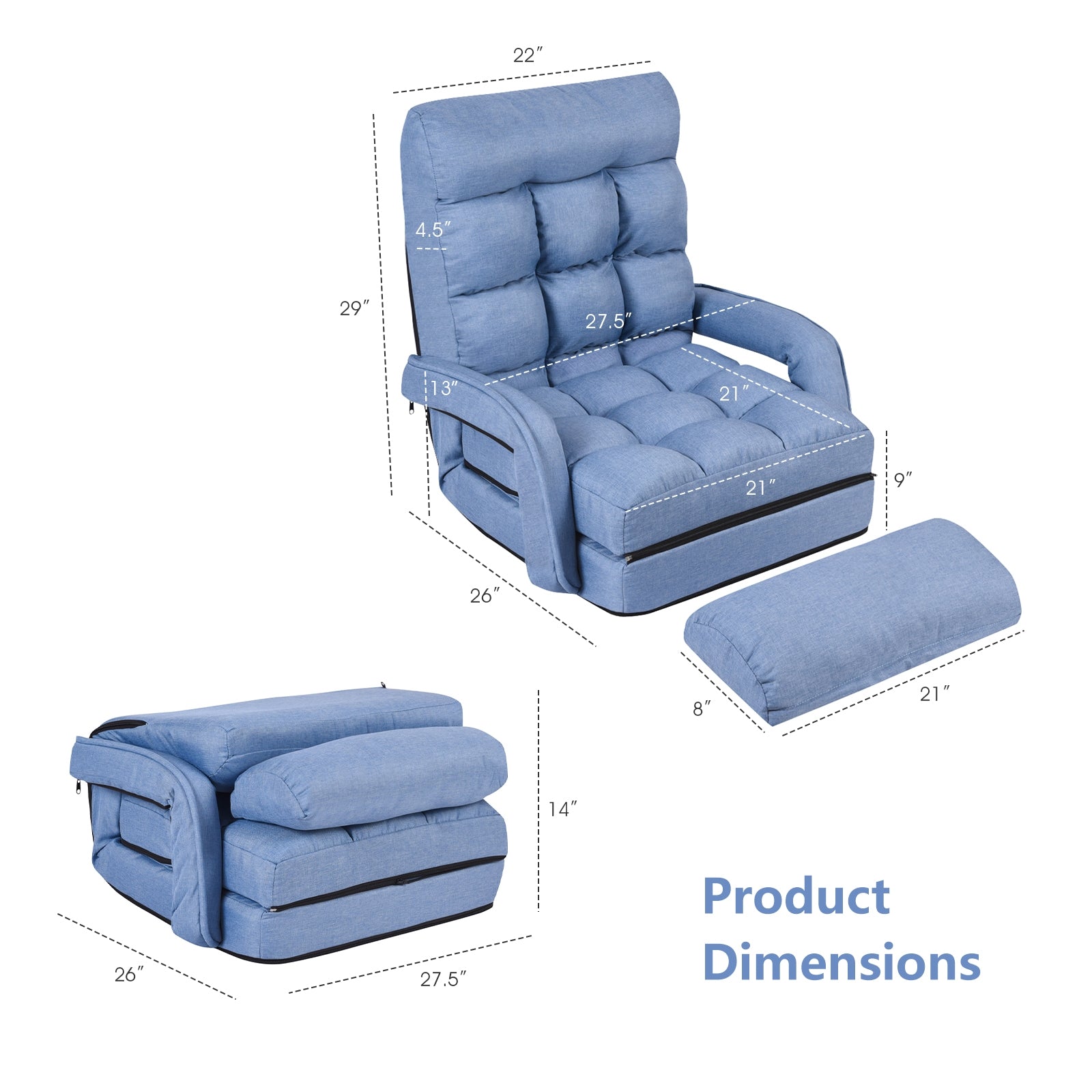 Folding Lazy Floor Chair Sofa with Armrests and Pillow, Blue Floor Chairs at Gallery Canada