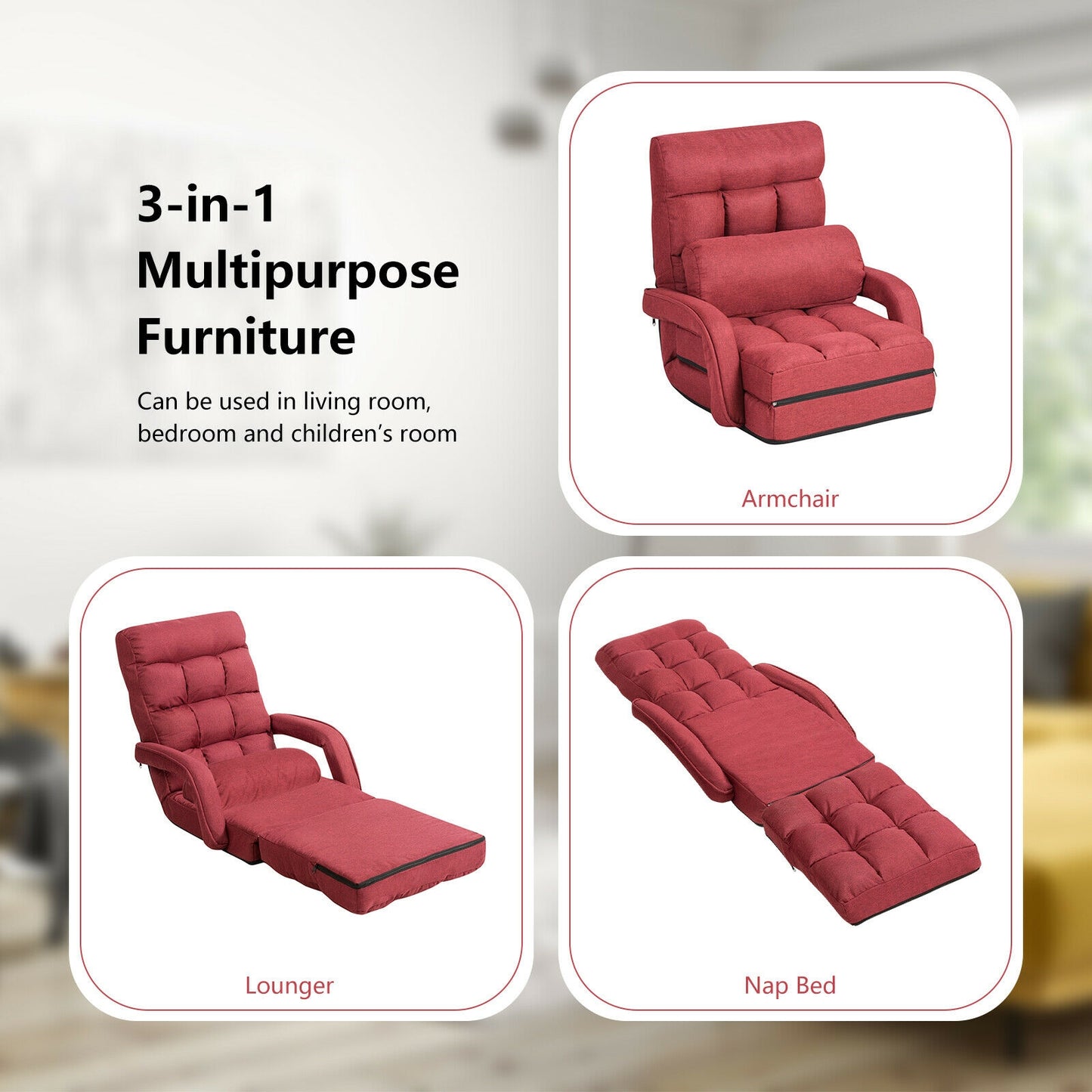 Folding Lazy Floor Chair Sofa With Armrests, Pillow, Red Floor Chairs at Gallery Canada