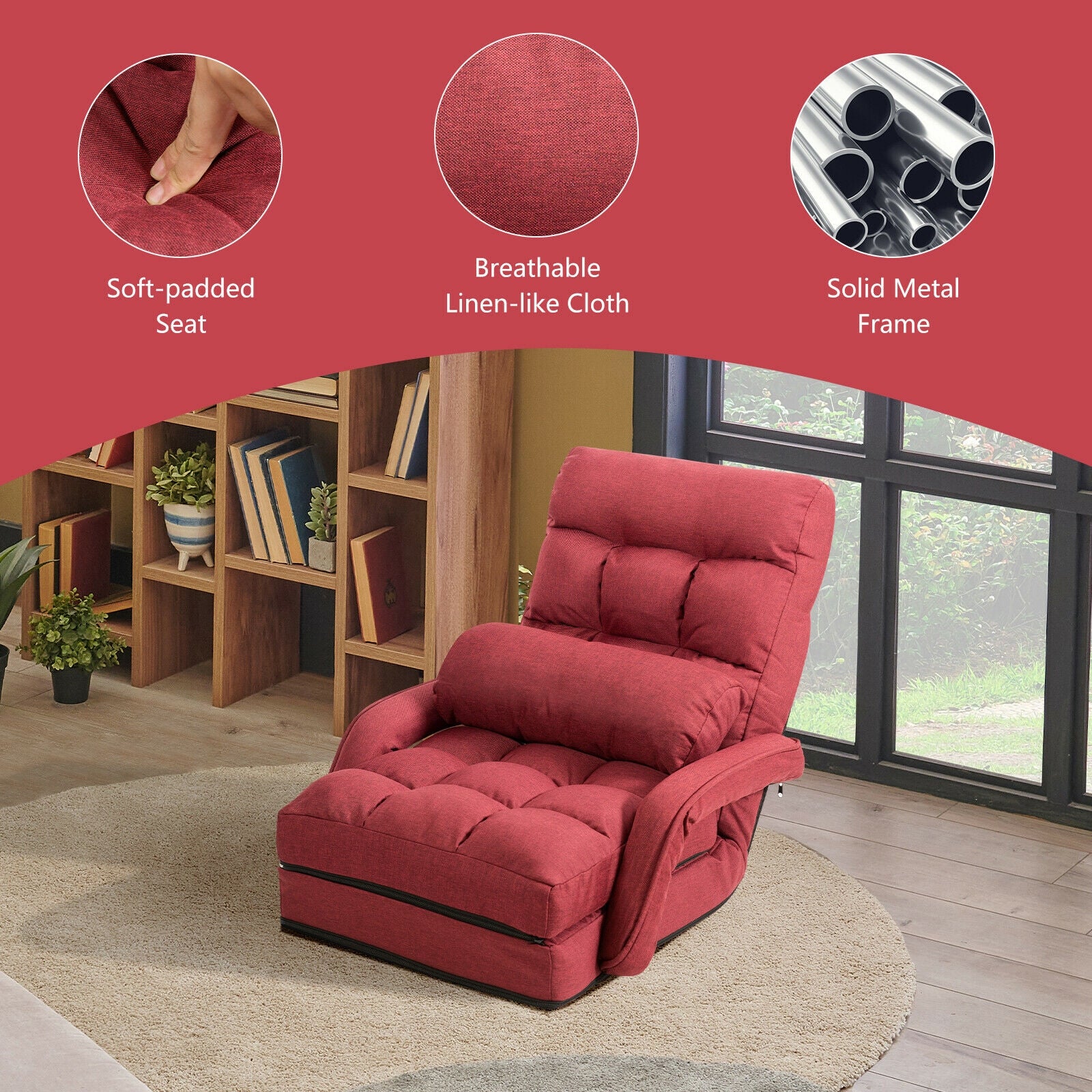 Folding Lazy Floor Chair Sofa With Armrests, Pillow, Red Floor Chairs at Gallery Canada