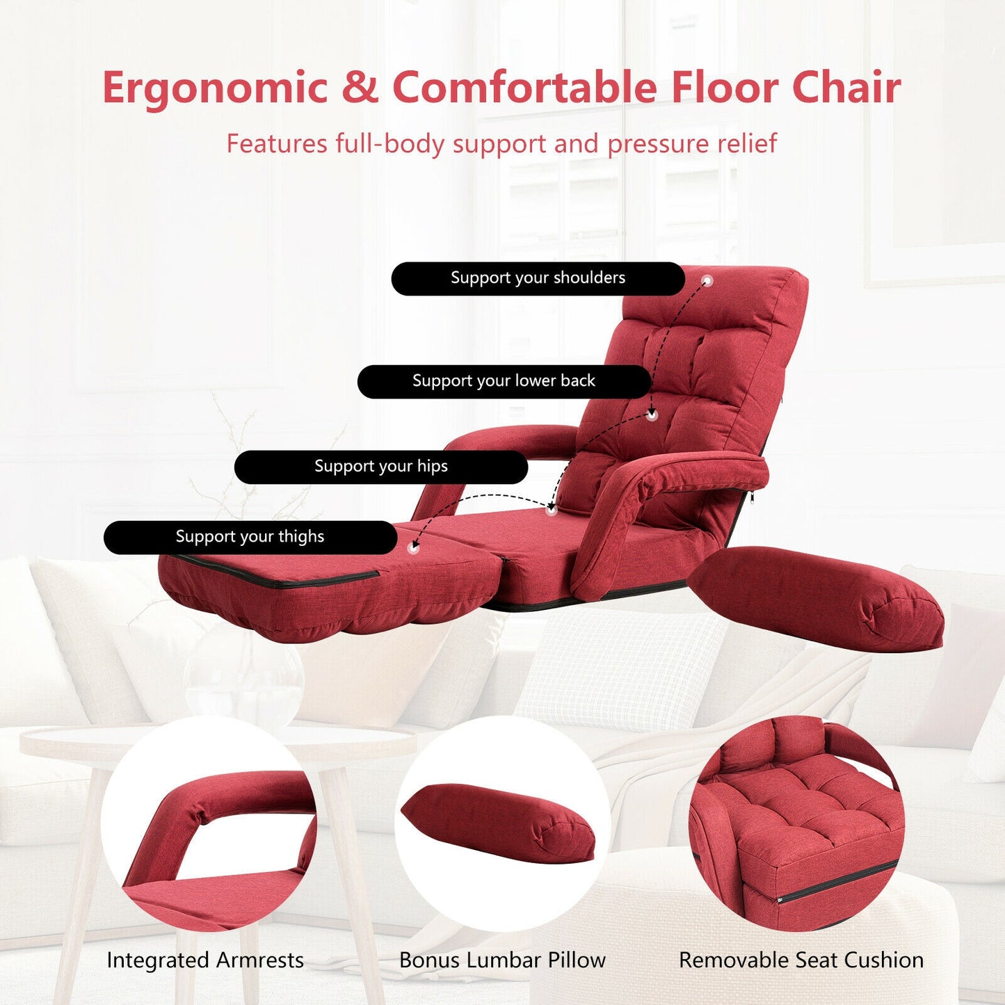 Folding Lazy Floor Chair Sofa With Armrests, Pillow, Red Floor Chairs at Gallery Canada