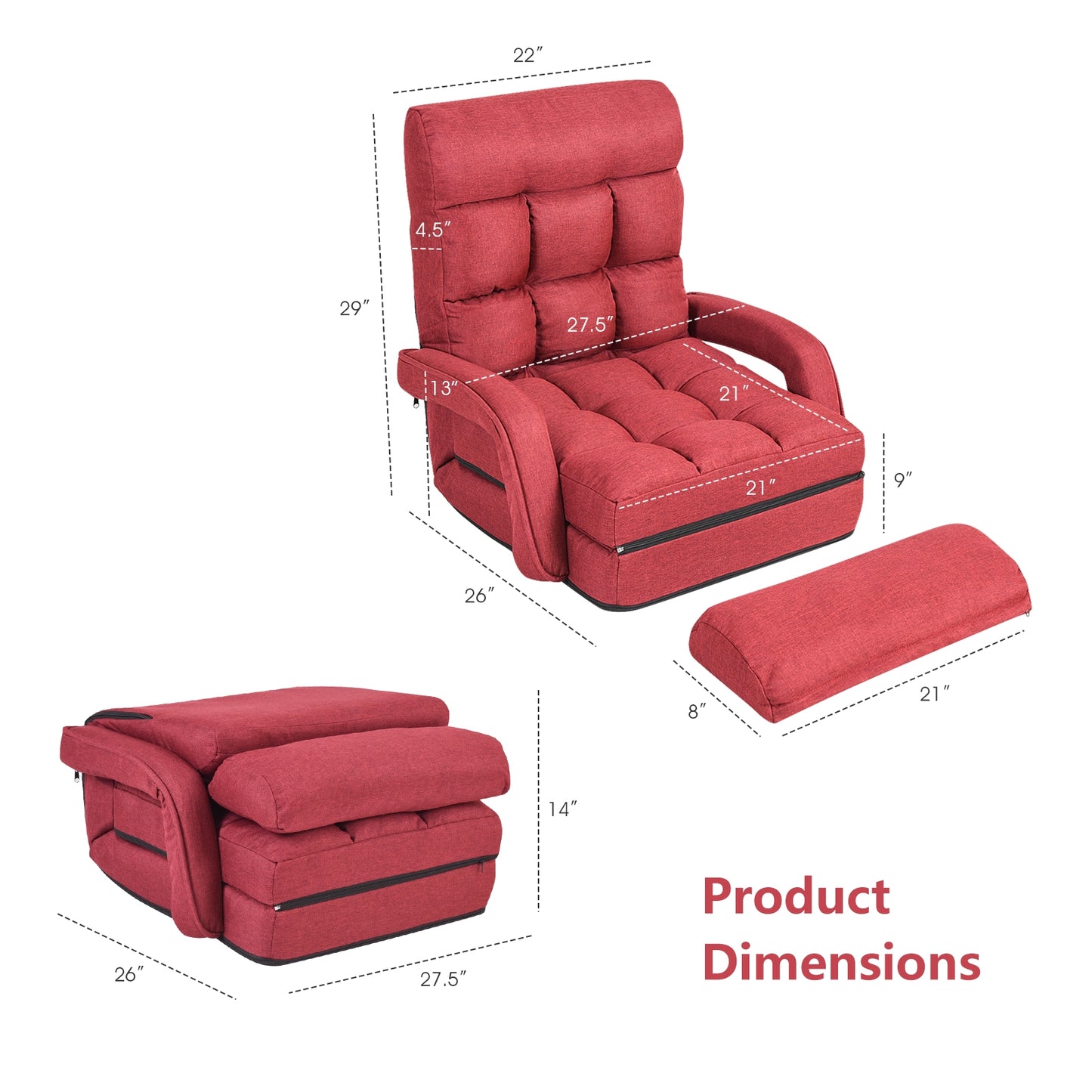 Folding Lazy Floor Chair Sofa With Armrests, Pillow, Red Floor Chairs at Gallery Canada