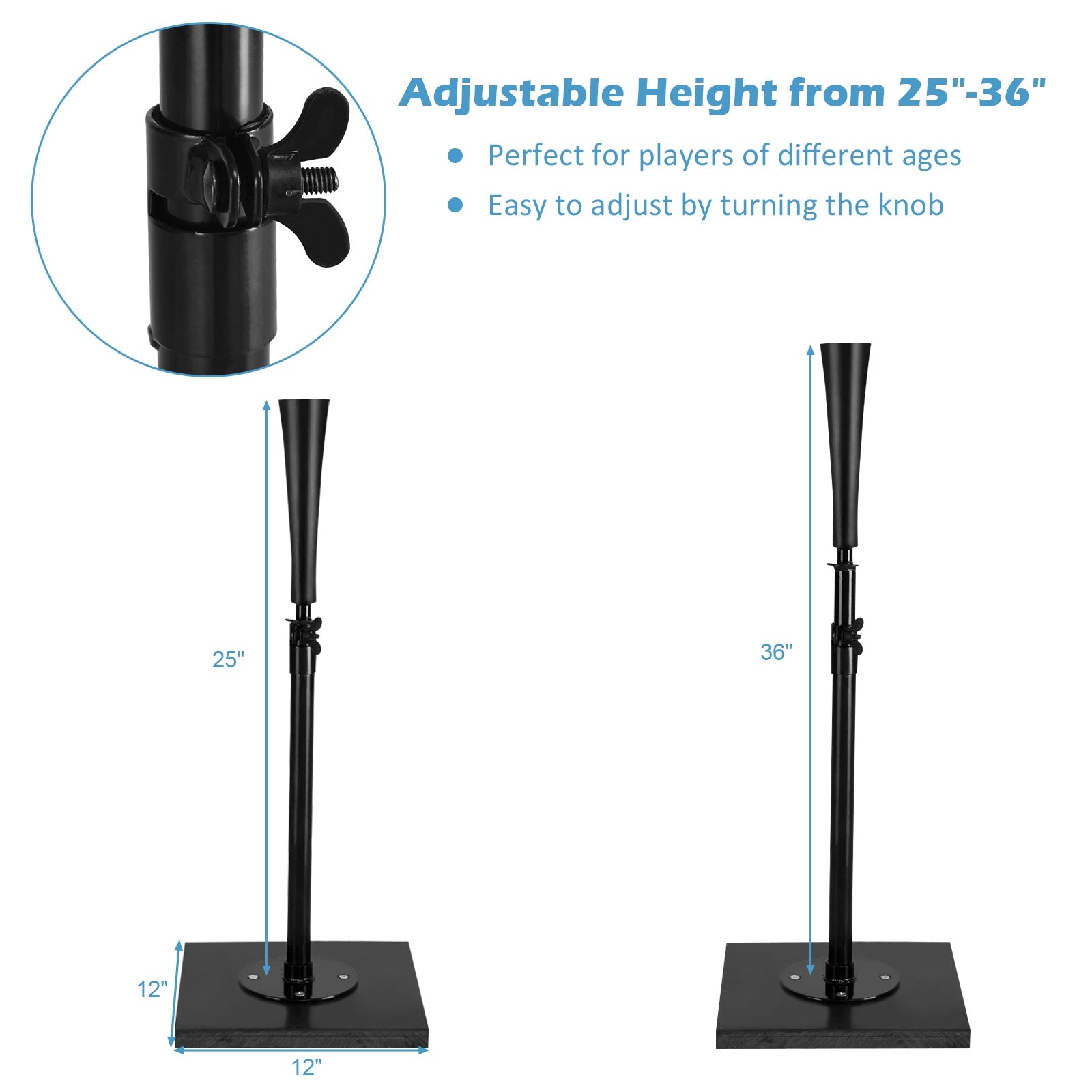 36 Inch Adjustable Heavy Duty Batting Tee for Baseball, Black Sport Equipments at Gallery Canada