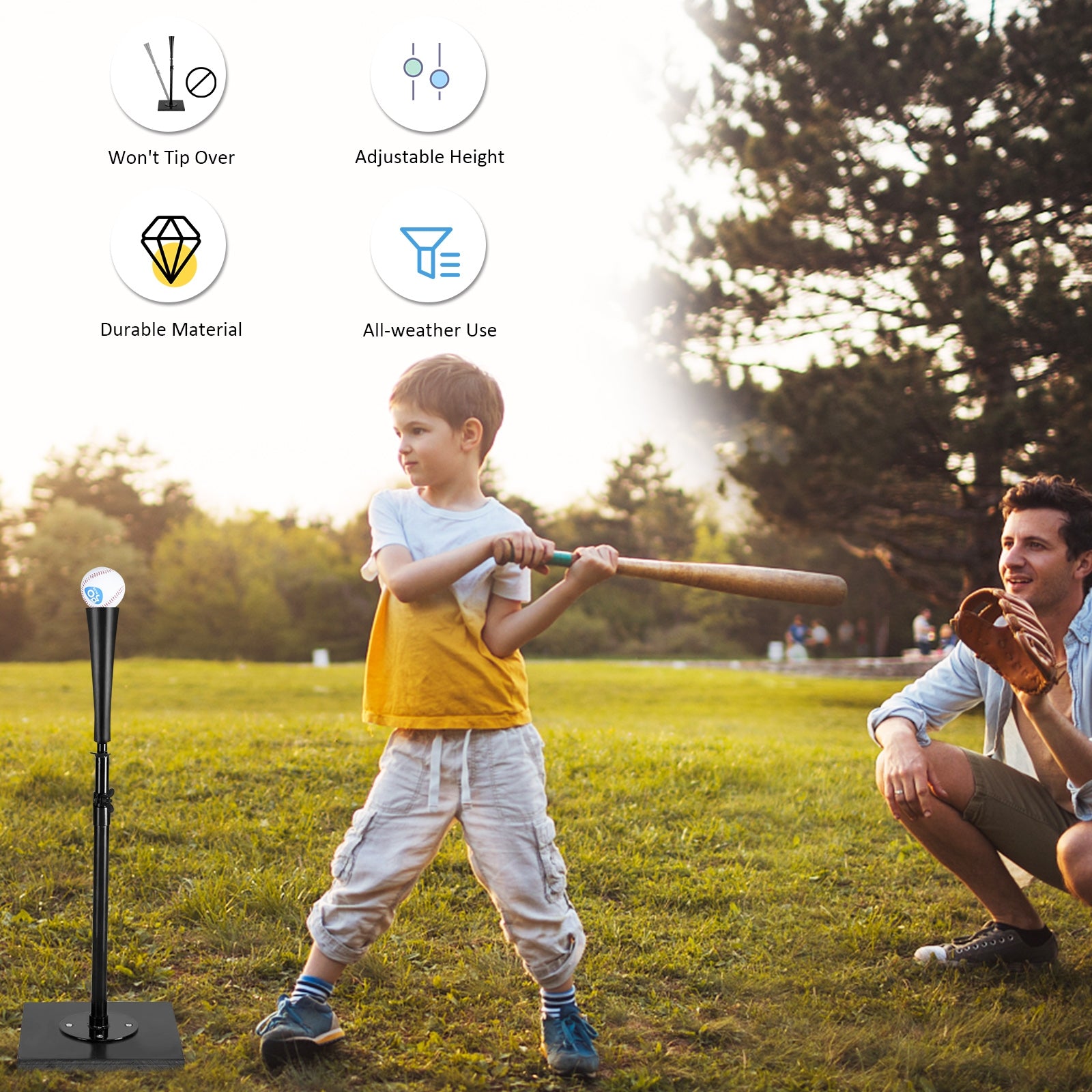 36 Inch Adjustable Heavy Duty Batting Tee for Baseball, Black Sport Equipments at Gallery Canada