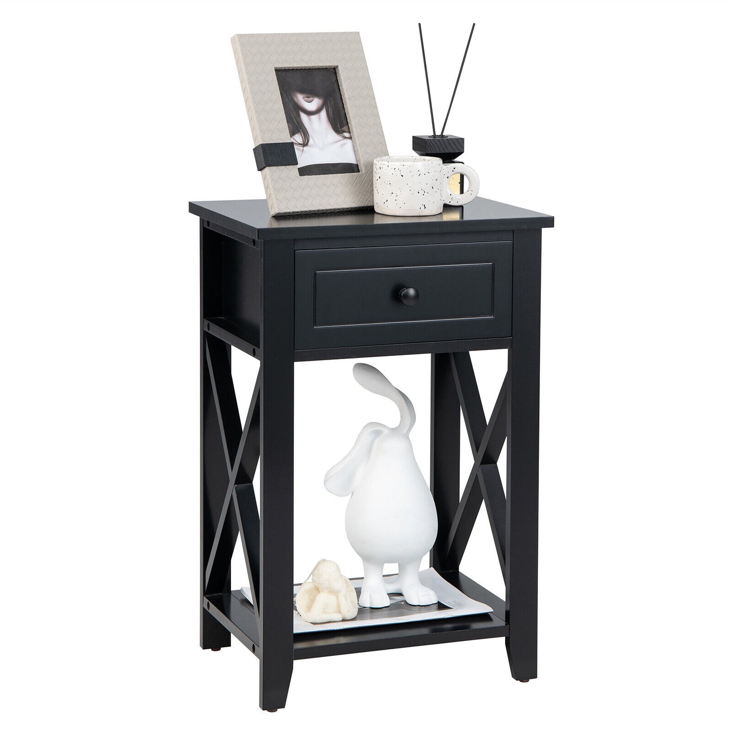 Storage Bedside Nightstand, Bottom Shelf, Black