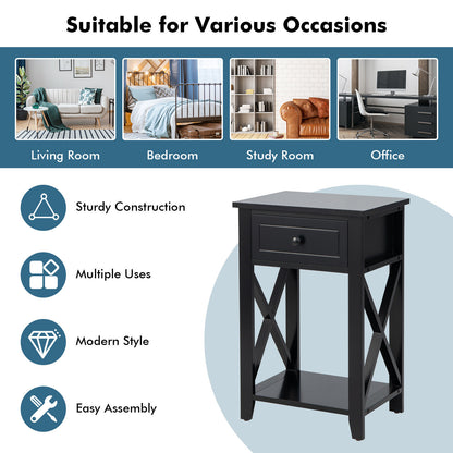 Storage Bedside Nightstand, Bottom Shelf, Black