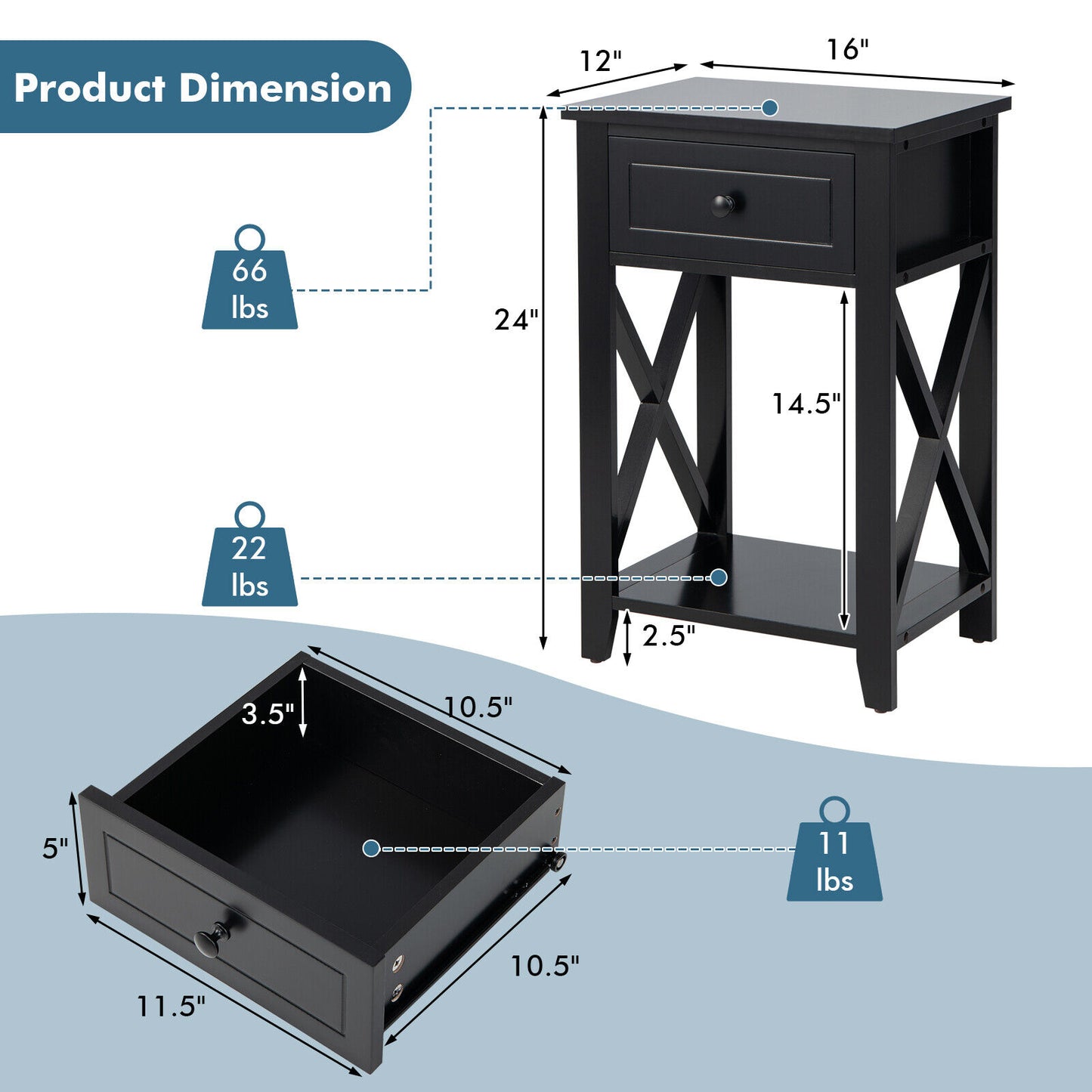 Storage Bedside Nightstand, Bottom Shelf, Black