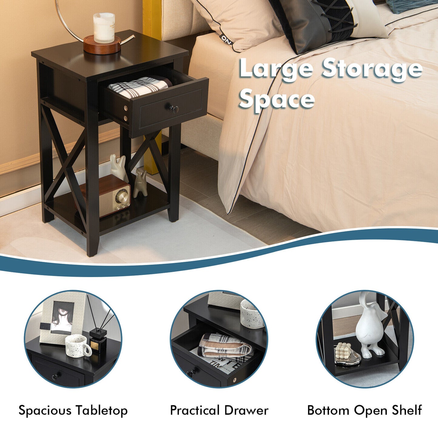 Storage Bedside Nightstand, Bottom Shelf, Black