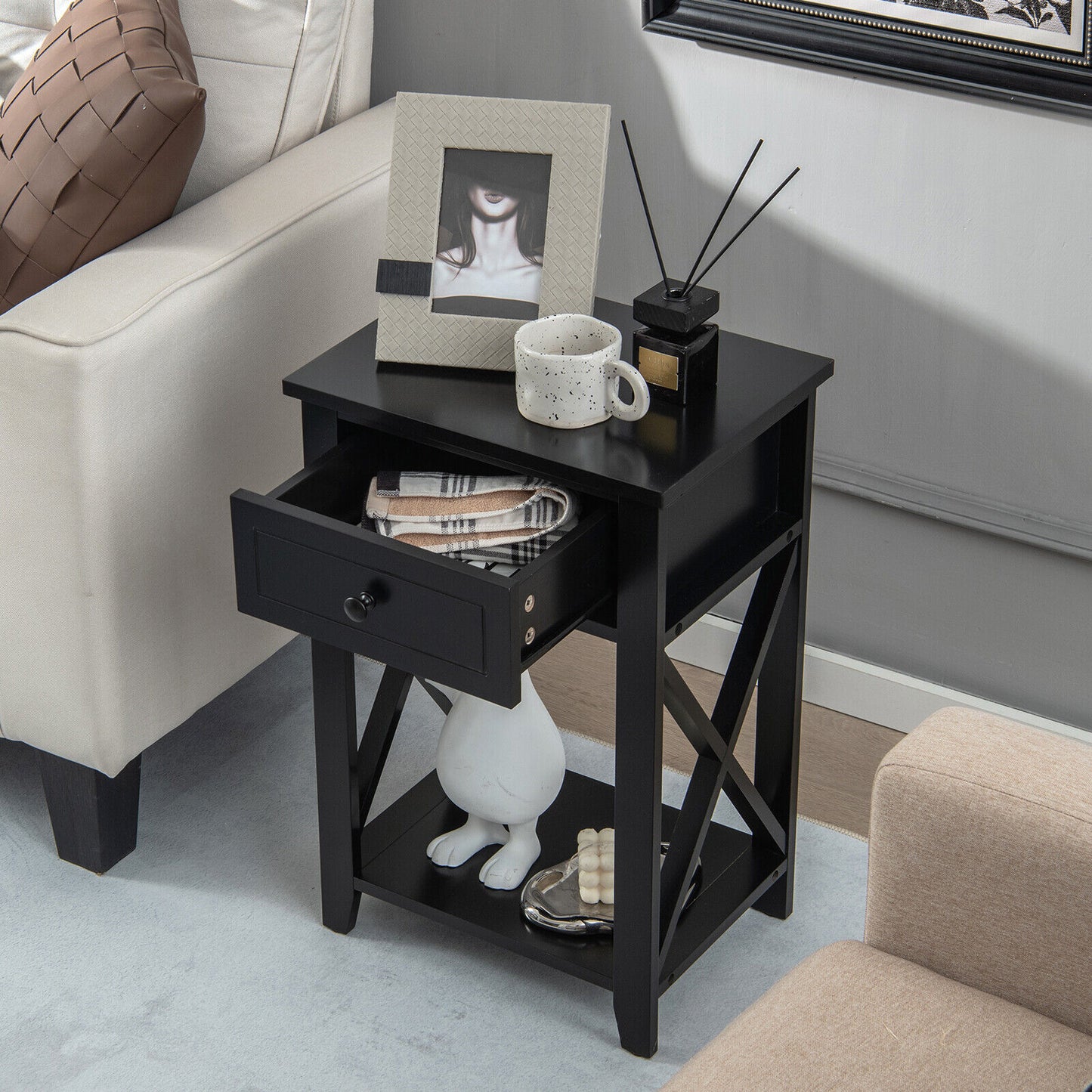Storage Bedside Nightstand, Bottom Shelf, Black
