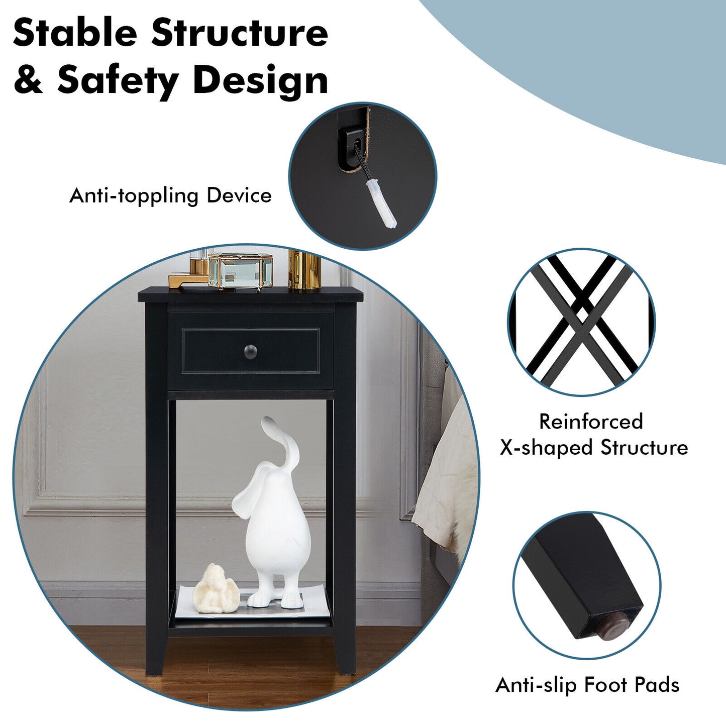 Storage Bedside Nightstand, Bottom Shelf, Black