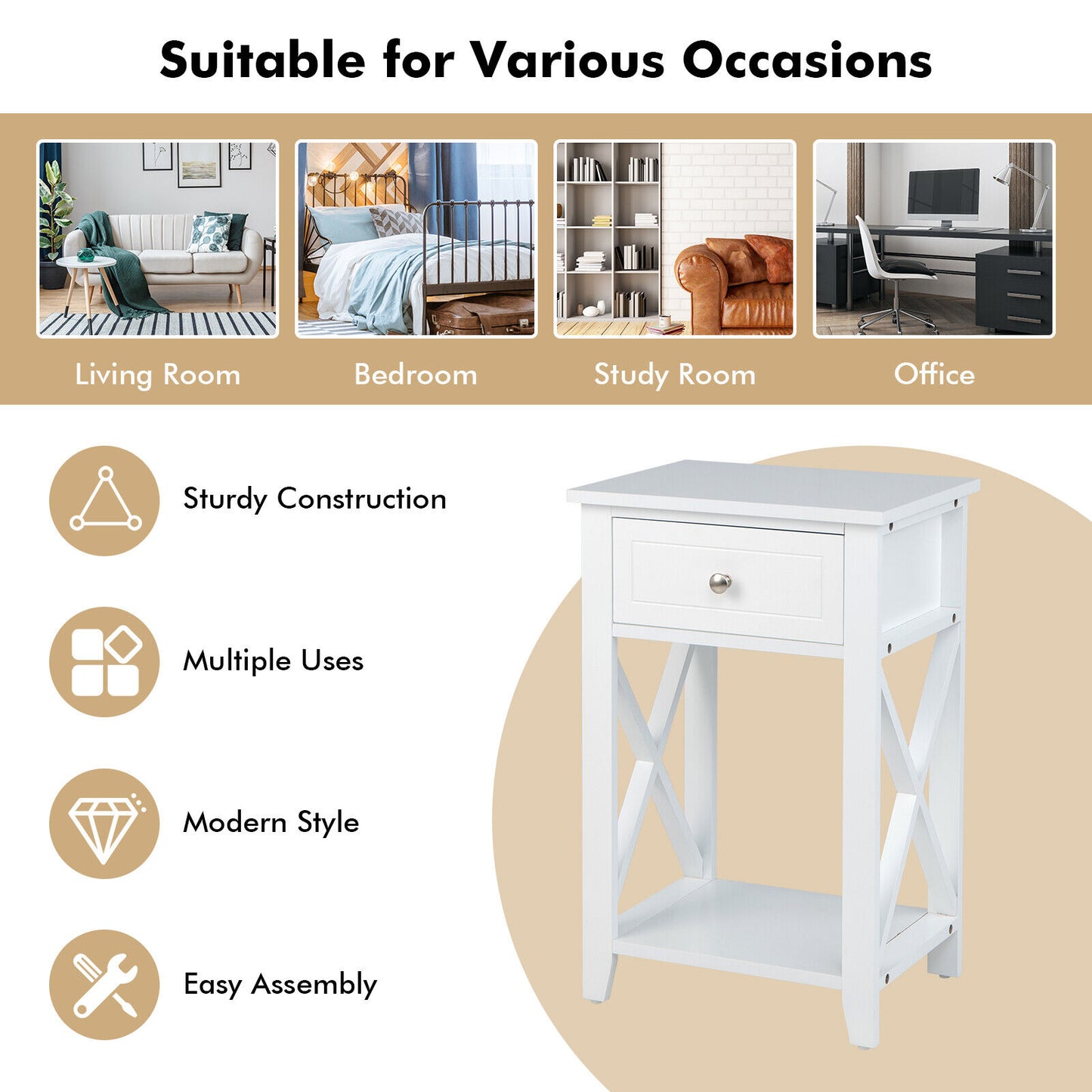 Storage End Bedside Drawer Nightstand, White