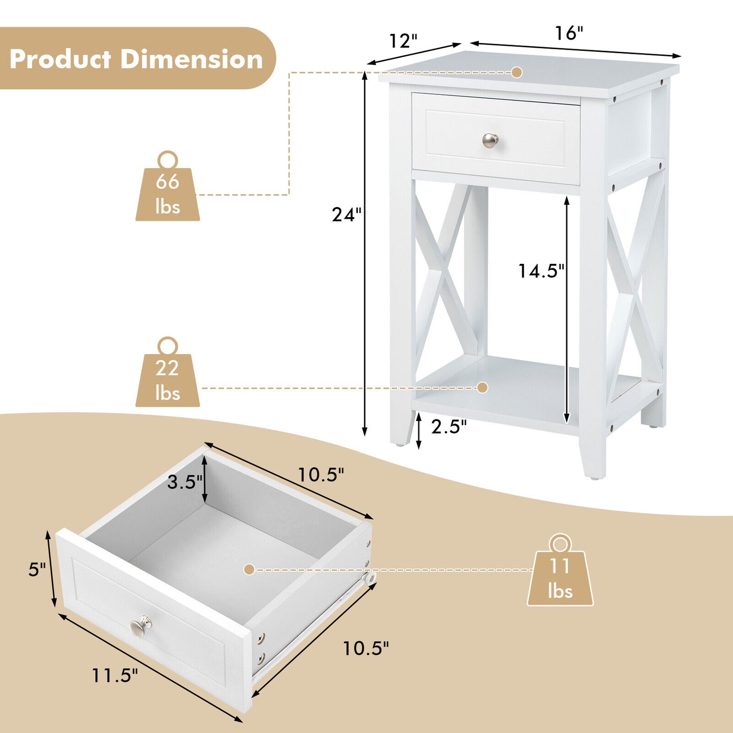 Storage End Bedside Drawer Nightstand, White