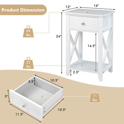 Storage End Bedside Drawer Nightstand, White