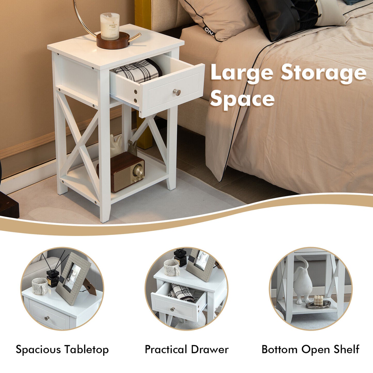 Storage End Bedside Drawer Nightstand, White