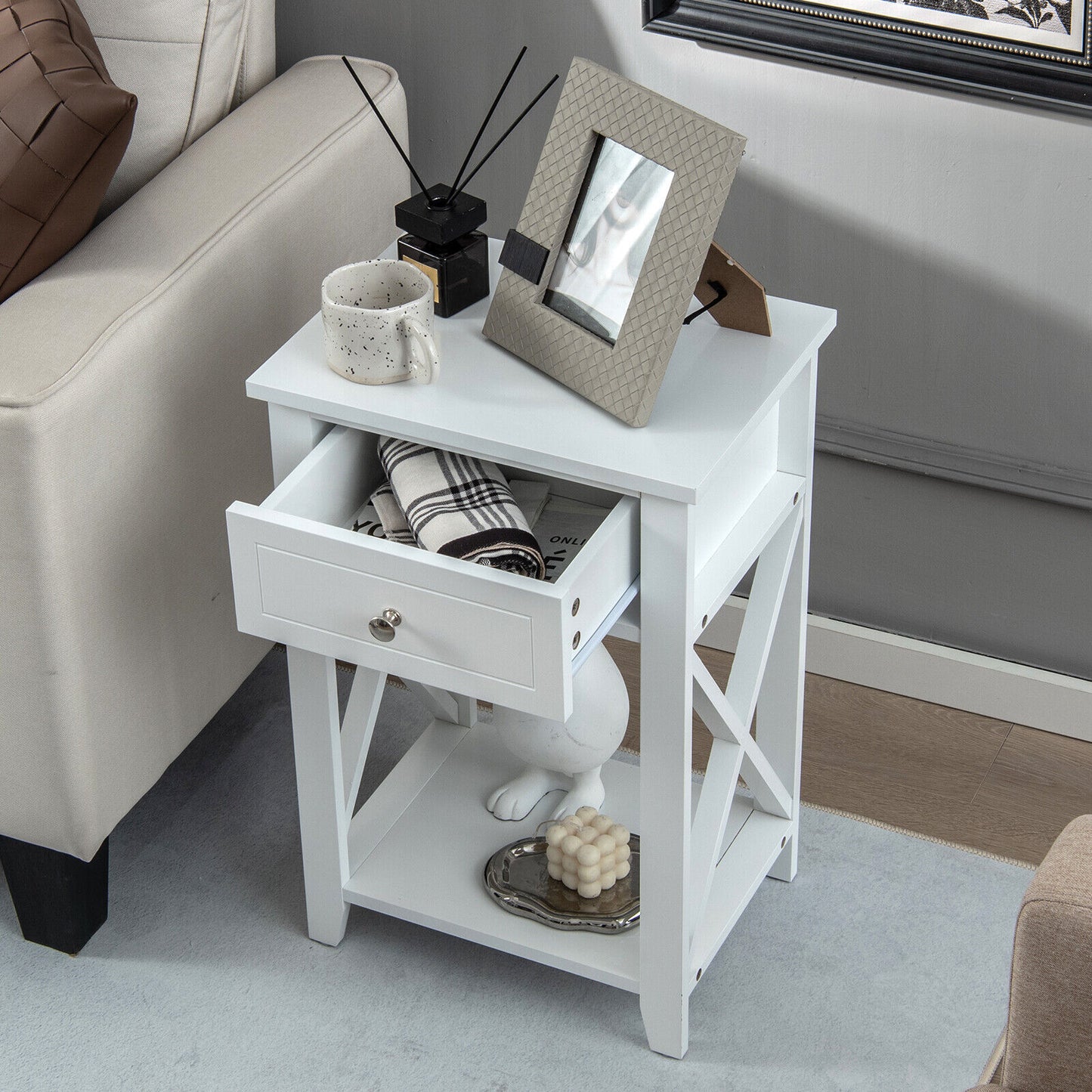 Storage End Bedside Drawer Nightstand, White