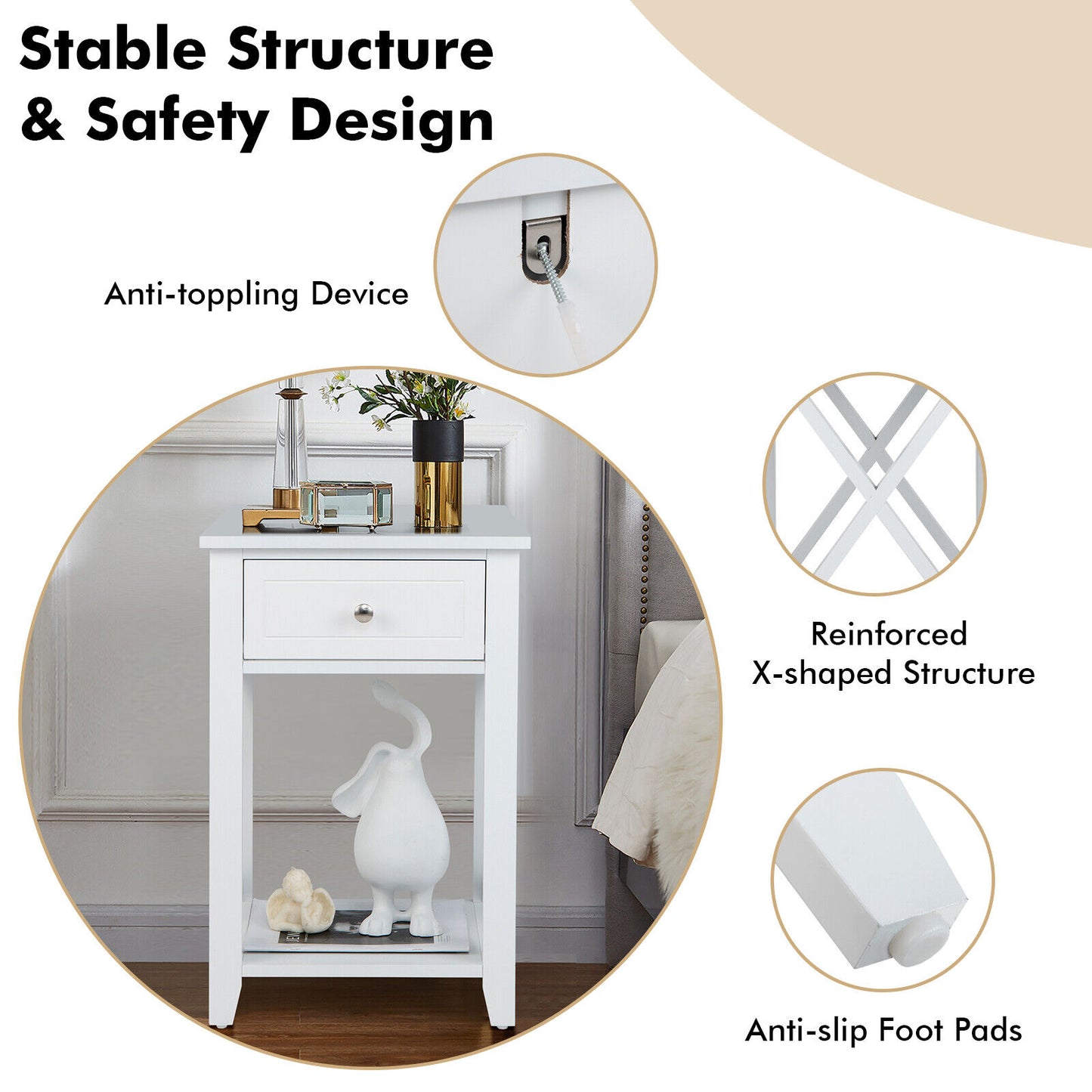 Storage End Bedside Drawer Nightstand, White