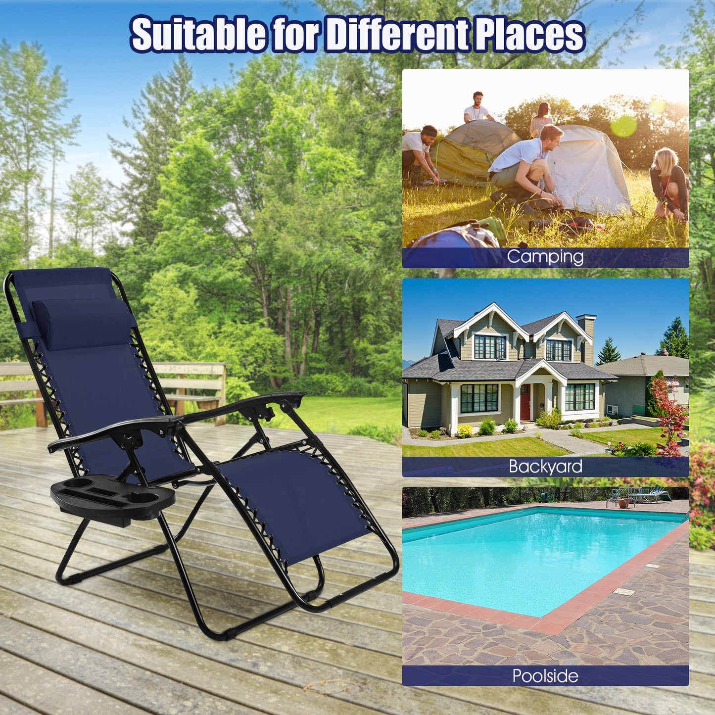 2 Pieces Folding Lounge Chair with Zero Gravity, Navy Beach & Lawn Chairs at Gallery Canada