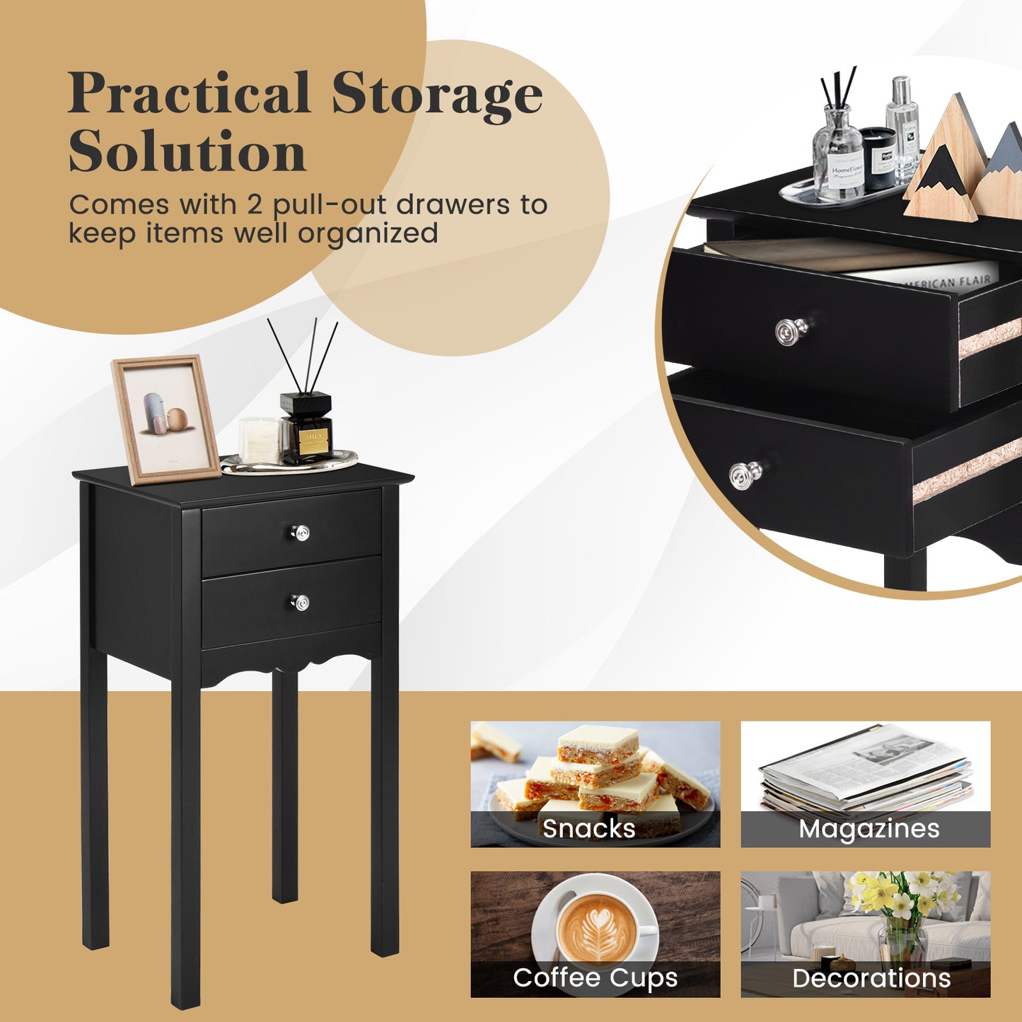 Table d'appoint vintage, 2 tiroirs, noir